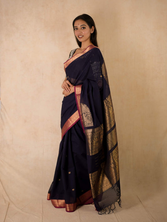 HANDWOVEN PRUSSIAN BLUE KANCHI COTTON SAREE WITH 85CM BLOUSE PIECE