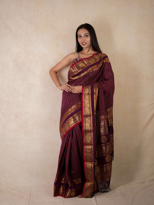 HANDWOVEN PURPLE COLOUR KANCHI COTTON SAREE WITH 1 M BLOUSE PIECE
