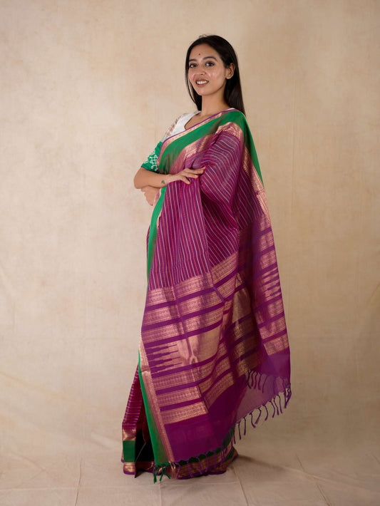 HANDWOVEN PURPLE COLOUR KANCHIPURAM SILK BY COTTON SAREE WITH 75 CM BLOUSE PIECE