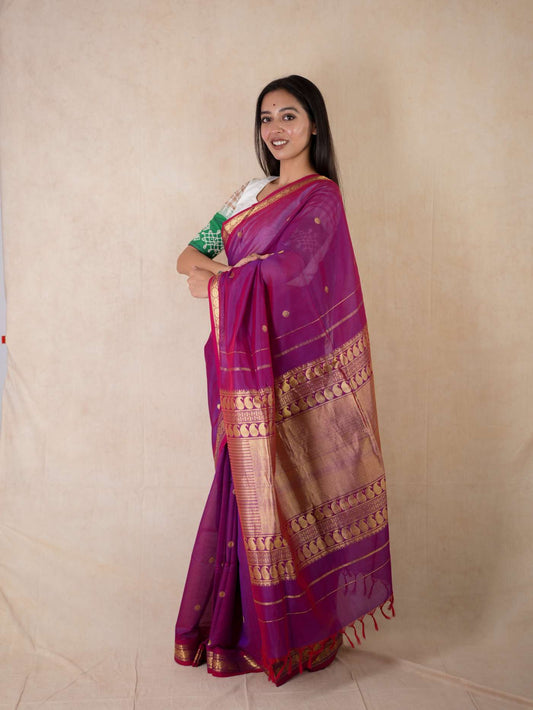 HANDWOVEN PURPLE-RED DUAL TONE KANCHIPURAM SILK BY COTTON SAREE WITH 88 CM BLOUSE PIECE