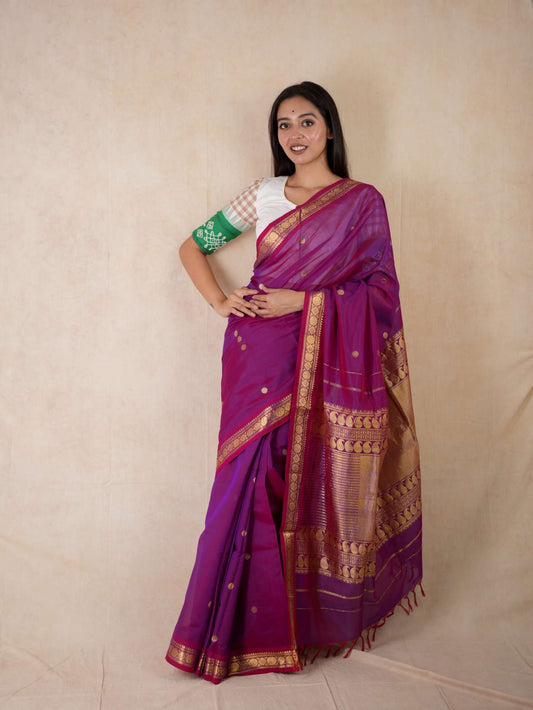 HANDWOVEN PURPLE-RED DUAL TONE KANCHIPURAM SILK BY COTTON SAREE WITH 88 CM BLOUSE PIECE
