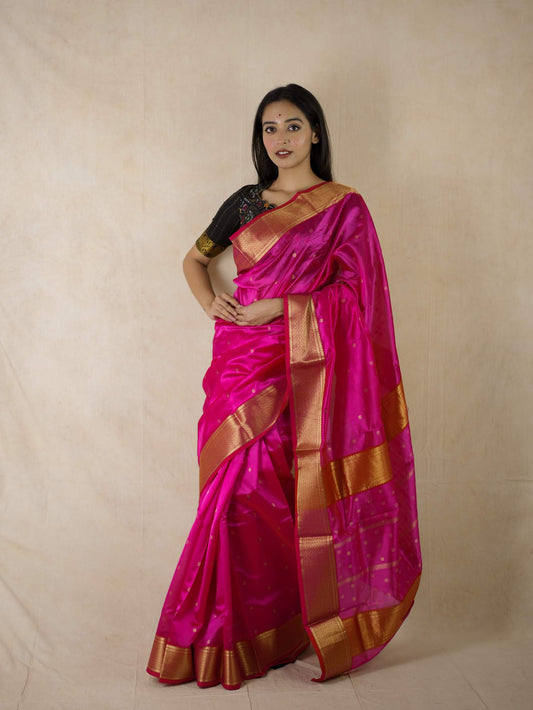 HANDWOVEN RANI PINK COLOUR CHANDERI SILK SAREE WITH 94 CM BLOUSE PIECE