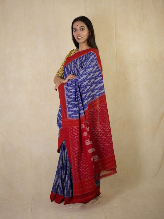 HANDWOVEN RED AND BLUE COLOUR POCHAMPALLY MERCIRISED COTTON SAREE WITH 80 CM BLOUSE PIECE