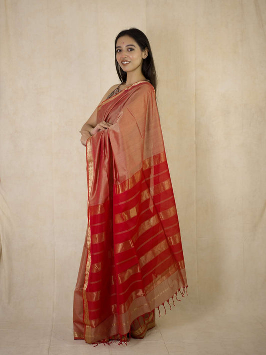 HANDWOVEN RED-BEIGE DUAL TONE MAHESWARI SICO SAREE WITH 82 CM BLOUSE PIECE