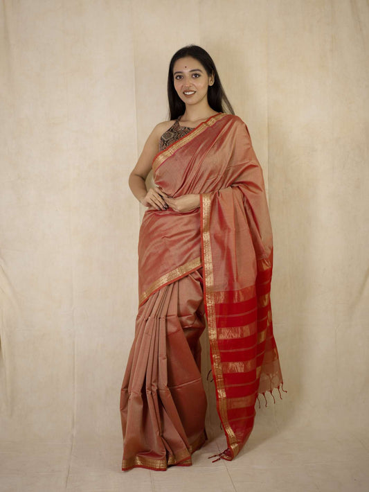 HANDWOVEN RED-BEIGE DUAL TONE MAHESWARI SICO SAREE WITH 82 CM BLOUSE PIECE