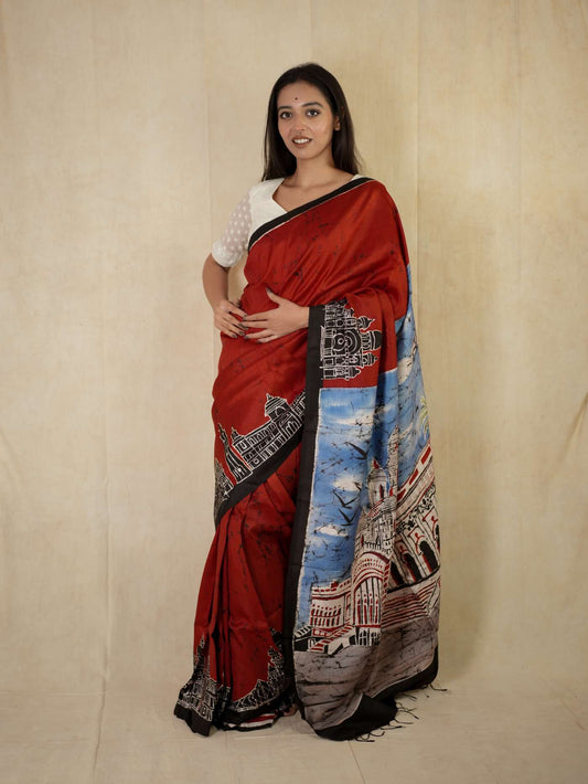 HANDWOVEN RED COLOUR BATIK (ARECHITECTURAL) SILK SAREE WITH 88 CM BLOUSE PIECE