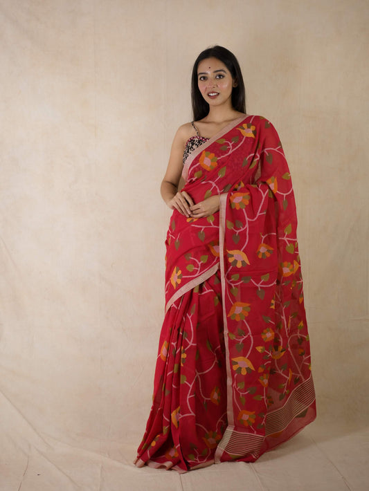 HANDWOVEN RED COLOUR COTTON JAMDANI SAREE WITH 88 CM BLOUSE PIECE