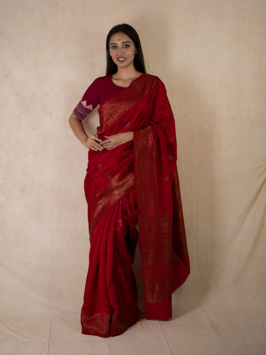 HANDWOVEN RED COLOUR DUPION TUSSAR BENARASI SAREE WITH 1 M BLOUSE PICES
