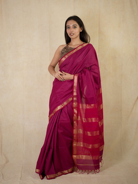 HANDWOVEN RED-VIOLET COLOUR MAHESWARI SILK BY COTTON SAREE WITH 80 CM BLOUSE PIECE