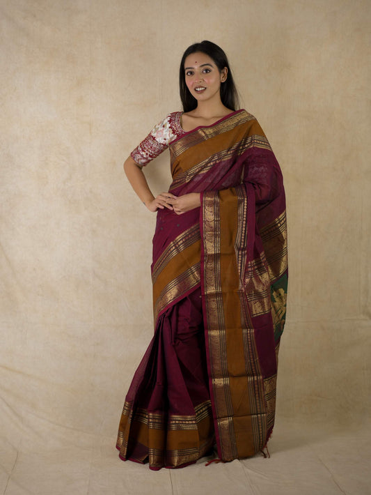HANDWOVEN REDDISH MAROON COLOUR KANCHI COTTON SAREE WITH 78 CM BLOUSE PIECE