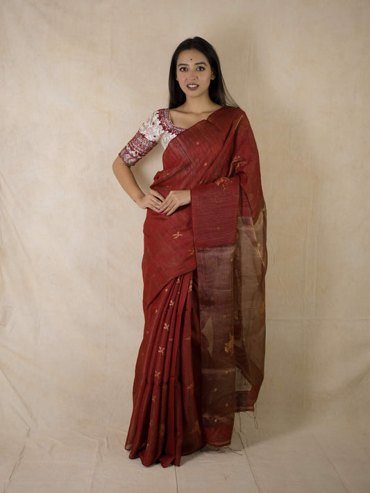 HANDWOVEN REDDISH MAROON COLOUR MATKA SILK SAREE WITH 95 CM BLOUSE PIECE
