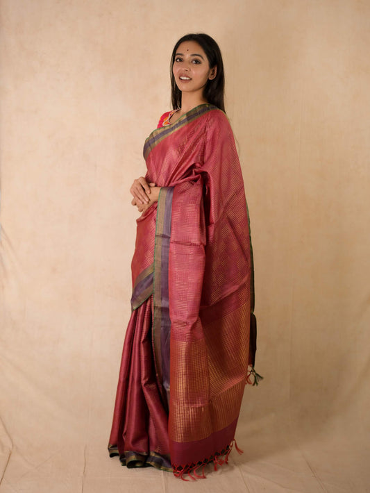 HANDWOVEN REDDISH PINK COLOUR KOSA SILK SAREE WITH 79 CM BLOUSE PIECE