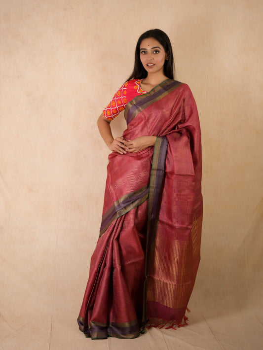 HANDWOVEN REDDISH PINK COLOUR KOSA SILK SAREE WITH 79 CM BLOUSE PIECE