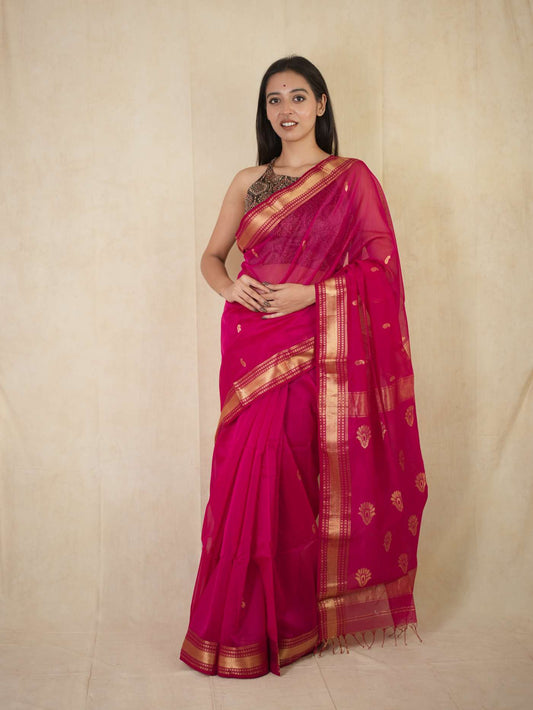 HANDWOVEN REDDISH PINK COLOUR MAHESWARI SILK BY COTTON SAREE WITH 88 CM BLOUSE PIECE