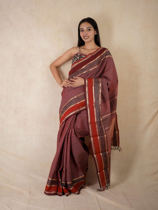 HANDWOVEN RICH MAROON COLOUR KANCHI COTTON SAREE WITH 94 CM BLOUSE PIECE