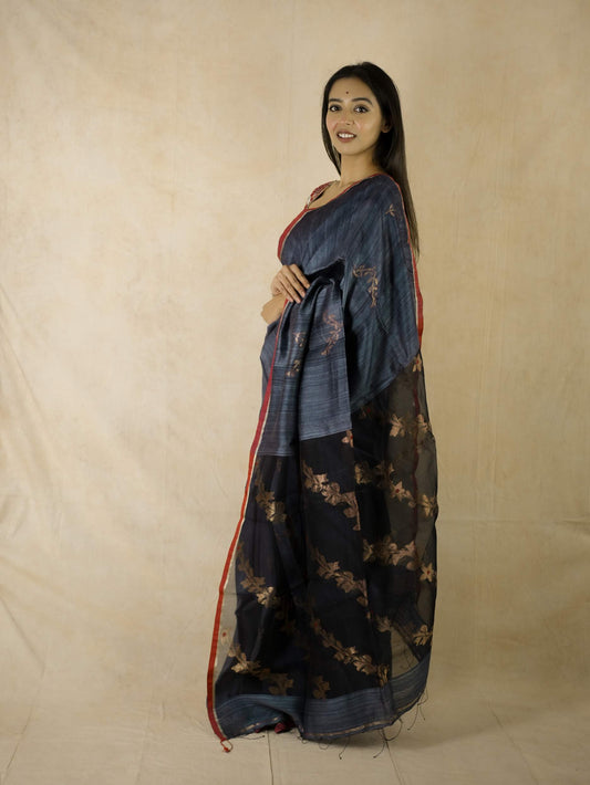 HANDWOVEN SLATE COLOUR MATKA SILK SAREE WITH 67 CM BLOUSE PIECE