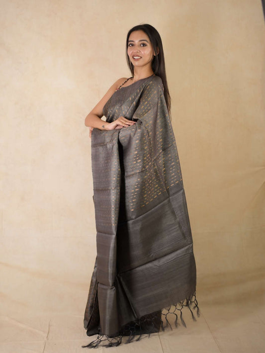 HANDWOVEN STEEL GREY COLOUR KOSA SILK SAREE WITH 71 CM BLOUSE PIECE
