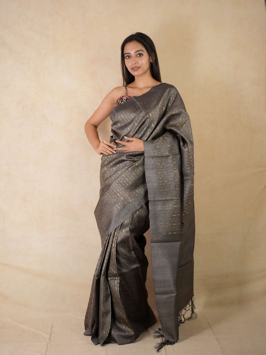HANDWOVEN STEEL GREY COLOUR KOSA SILK SAREE WITH 71 CM BLOUSE PIECE