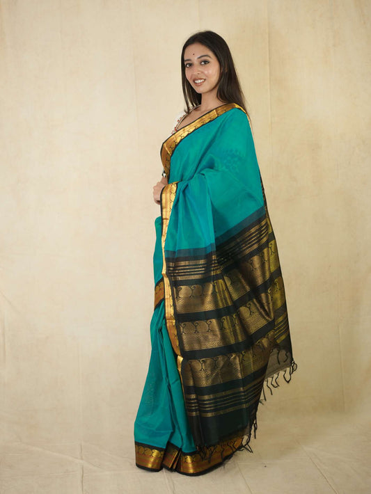 HANDWOVEN TURQUOISE BLUE COLOR KANCHIPURAM SILK BY COTTON SAREE WITH 79 CM BLOUSE PIECE