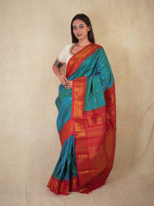 HANDWOVEN TURQUOISE BLUE COLOUR GADWAL SILK SAREE WITH 86 CM BLOUSE PIECE