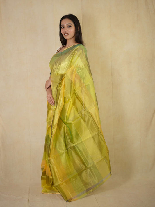 HANDWOVEN YELLOW AND GREEN COLOUR CHANDERI SILK SAREE WITH 1 M BLOUSE PIECE