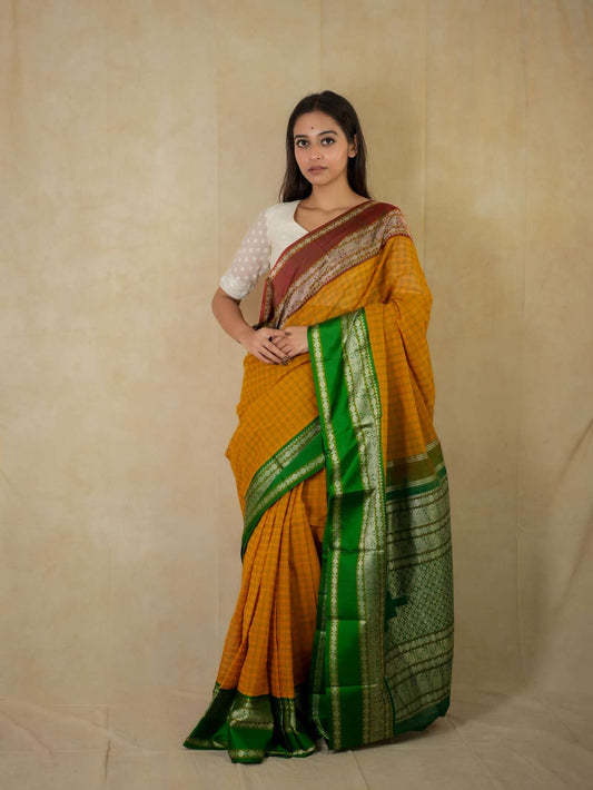 HANDWOVEN YELLOW COLOR KANCHIPURAM COTTON SILK SAREE WITH 70 CM BLOUSE PIECE
