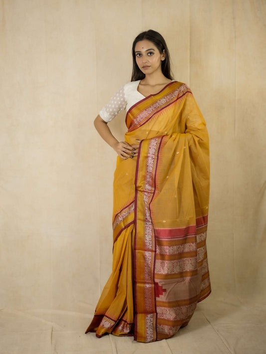 HANDWOVEN YELLOW COLOR KANCHIPURAM COTTON SILK SAREE WITH 75 CM BLOUSE PIECE