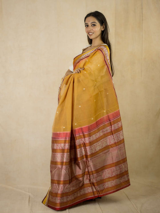HANDWOVEN YELLOW COLOR KANCHIPURAM COTTON SILK SAREE WITH 75 CM BLOUSE PIECE