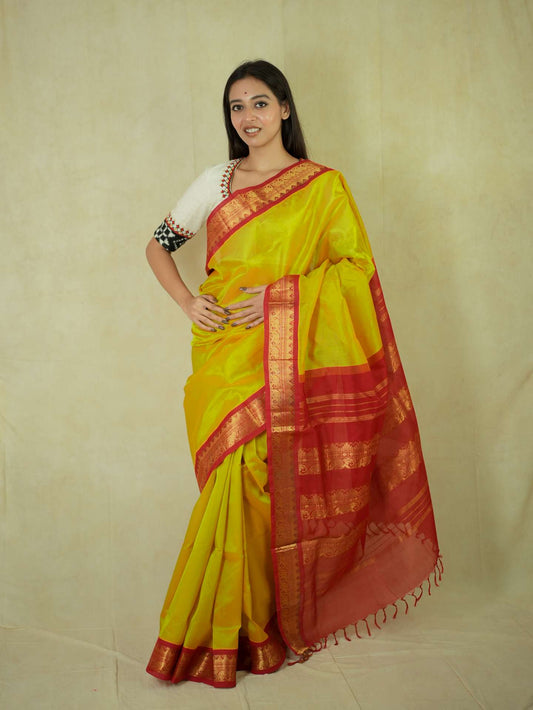 HANDWOVEN YELLOW COLOR KANCHIPURAM SILK BY COTTON SAREE WITH 77 CM BLOUSE PIECE
