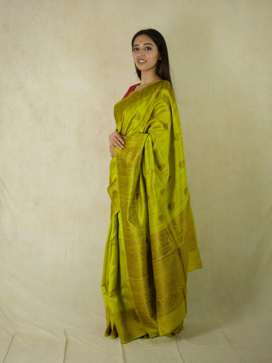 HANDWOVEN YELLOW COLOUR DUPION TUSSAR BENARASI SAREE WITH 88 CM BLOUSE PICES