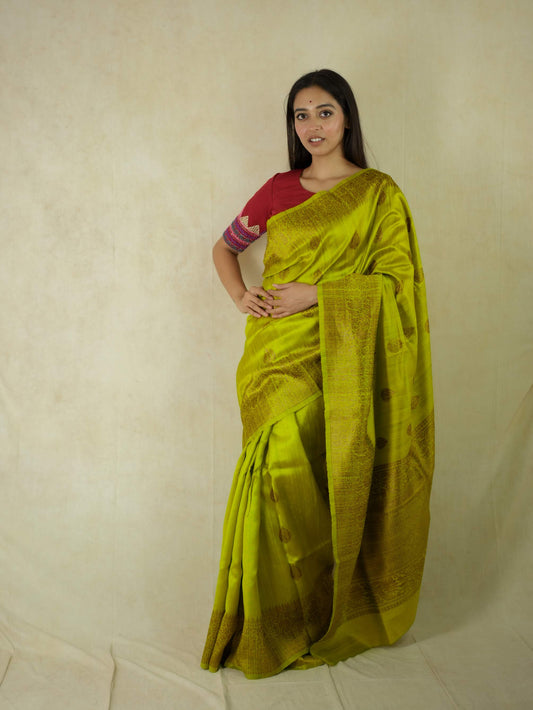 HANDWOVEN YELLOW COLOUR DUPION TUSSAR BENARASI SAREE WITH 88 CM BLOUSE PICES