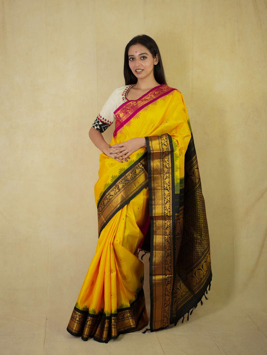 HANDWOVEN YELLOW COLOUR GADWAL SILK BY COTTON SAREE WITH 88 CM BLOUSE PIECE