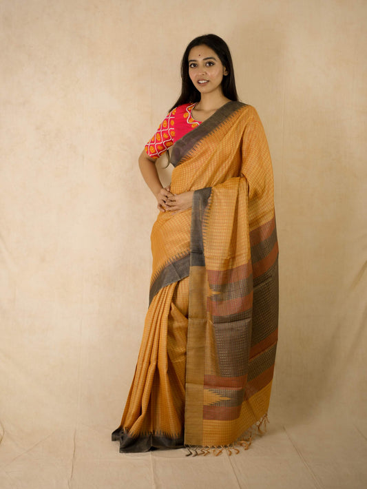HANDWOVEN YELLOW & GOLDEN DUAL TONE KOSA SILK SAREE WITH 90 CM BLOUSE PIECE