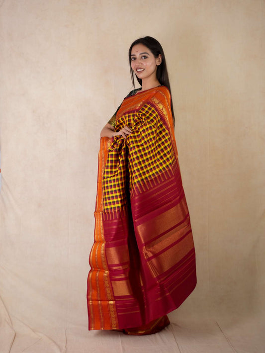 HANDWOVEN YELLOW & MAROON COLOUR KANJEEVARAM SILK SAREE WITH 73 CM BLOUSE PIECE