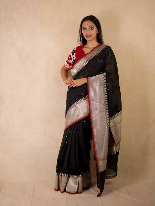 PURE COTTON BLACK COLOUR BENARASI SAREE WITH 96 CM BLOUSE PIECE