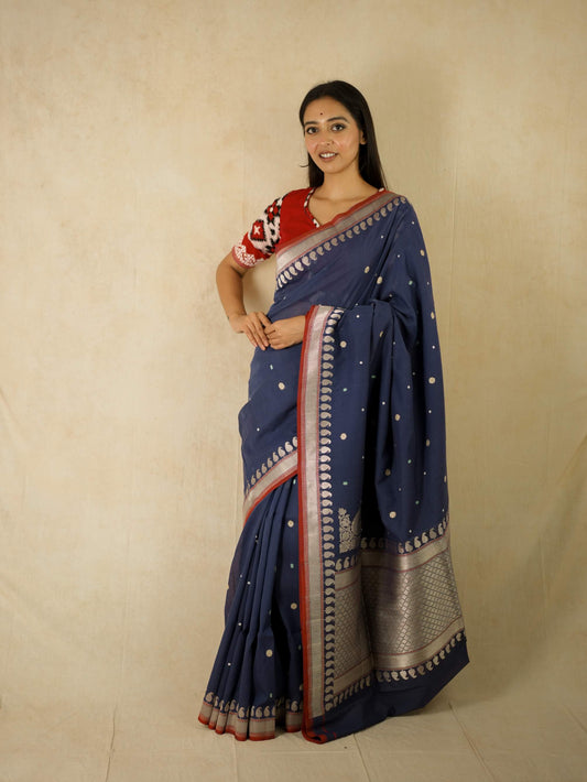 PURE COTTON BLUE COLOUR BENARASI SAREE WITH 1.05 M BLOUSE PIECE