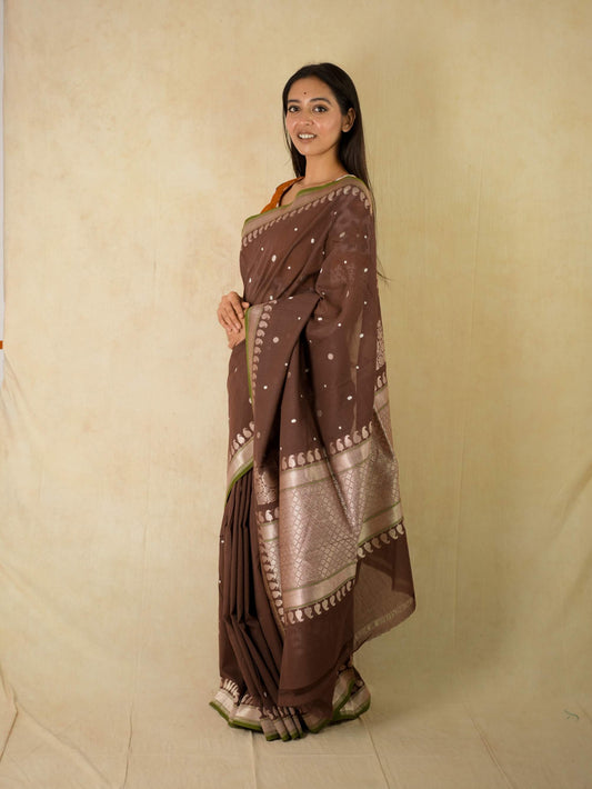 PURE COTTON DARK BROWN COLOUR BENARASI SAREE WITH 95 CM BLOUSE PIECE