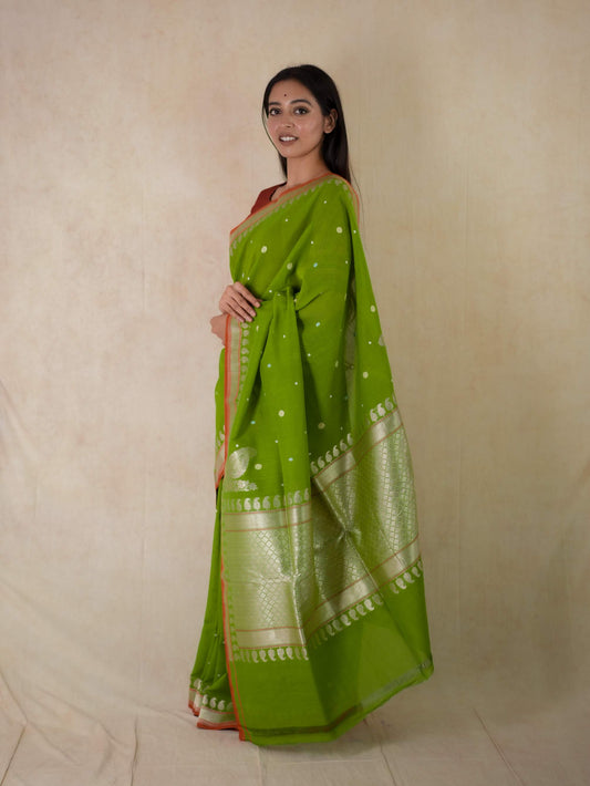 PURE COTTON LIGHT GREEN COLOUR BENARASI SAREE WITH 1.03 M BLOUSE PIECE