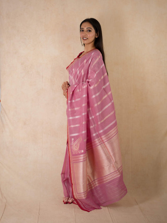 PURE COTTON LIGHT PINK COLOUR BENARASI SAREE WITH 95 CM BLOUSE PIECE