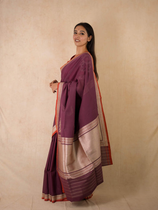 PURE COTTON PURPLE COLOUR BENARASI SAREE WITH  96 CM BLOUSE PIECE