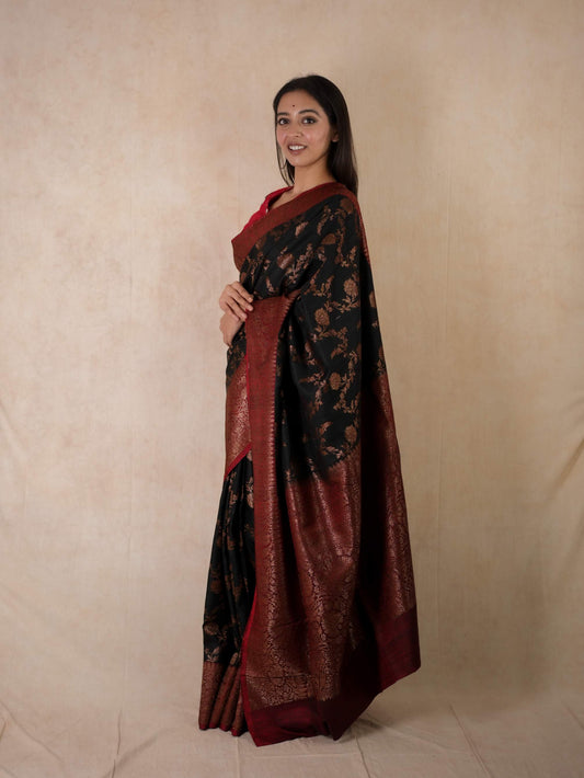 PURE DUPION SILK BLACK COLOUR BENARASI SAREE WITH 97 CM BLOUSE PIECE