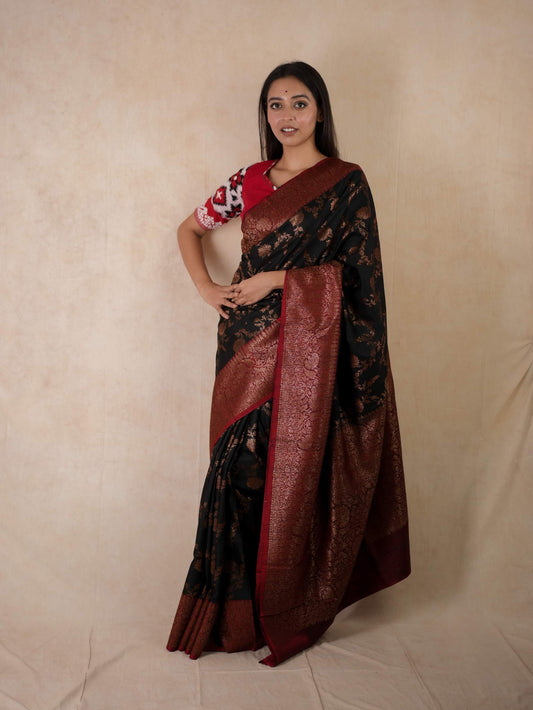 PURE DUPION SILK BLACK COLOUR BENARASI SAREE WITH 97 CM BLOUSE PIECE