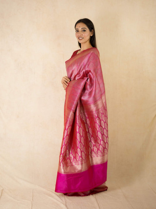 PURE KATAN SILK BRIGHT PINK COLOUR BENARASI SAREE WITH 1 M BLOUSE PIECE