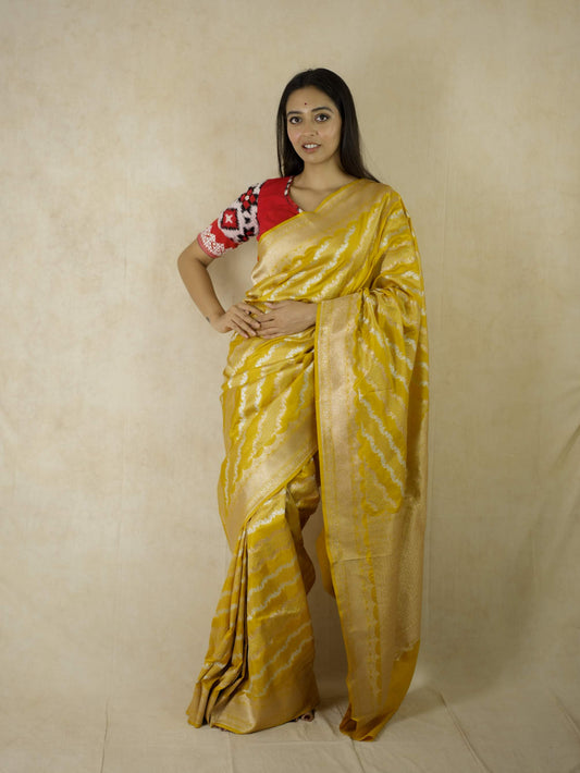 PURE KATAN SILK YELLOW  COLOUR BENARASI SAREE WITH 1 M BLOUSE PIECE