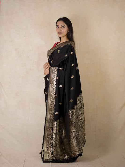PURE MASHRU SILK BLACK COLOUR BENARASI SAREE WITH 96 CM BLOUSE PIECE