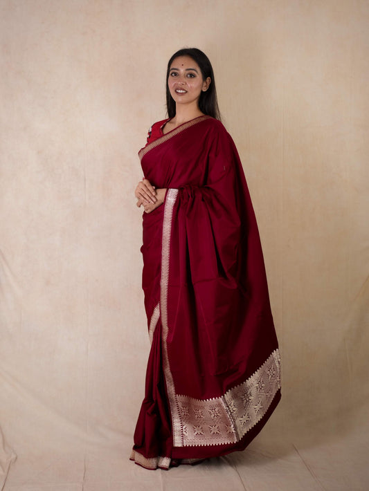 PURE MASHRU SILK RED COLOUR BENARASI MAROONISH SAREE WITH 1 M BLOUSE PIECE