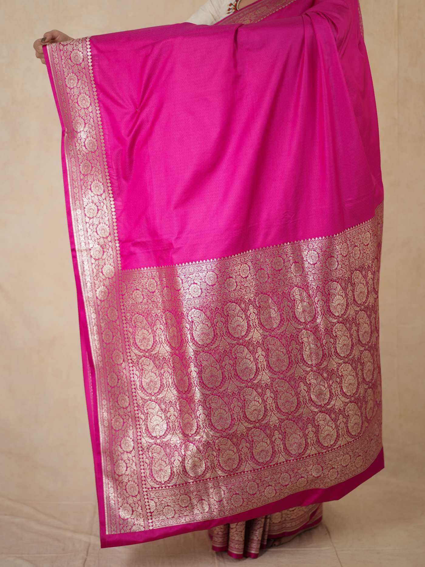 Pink Benarasi semi-silk saree with intricate patterns and 90 cm blouse piece from Joyee Kolkata, displayed in the image.