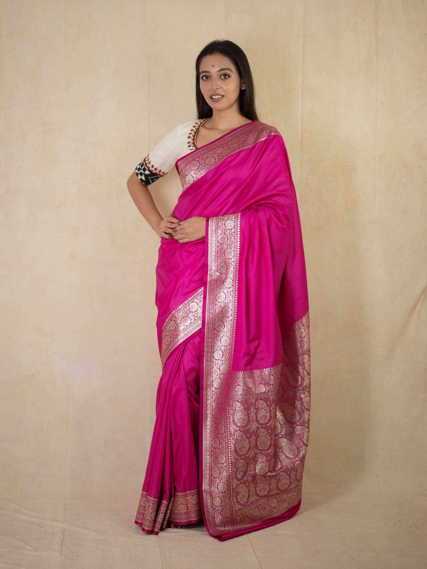 Pink Benarasi semi silk saree with intricate gold patterns and matching 90 cm blouse piece, traditional Indian attire by Joyee Kolkata.