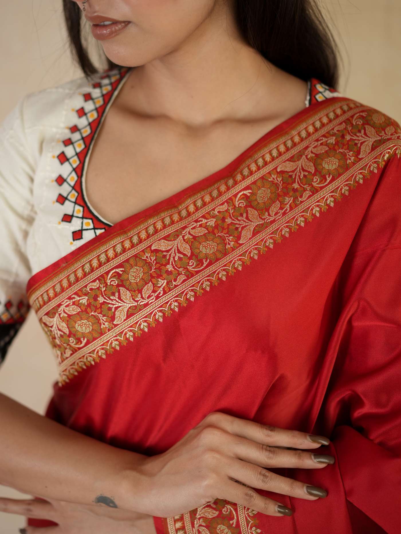 Rich red Benarasi semi-silk saree with intricate designs and matching 1 meter blouse piece from Joyee Kolkata.