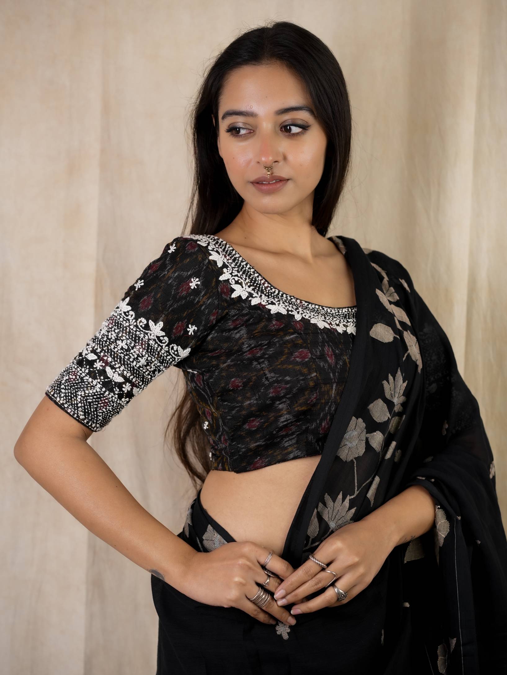 JoyeeKolkata SUDHA variable product with colorful fabric and intricate embroidery design.